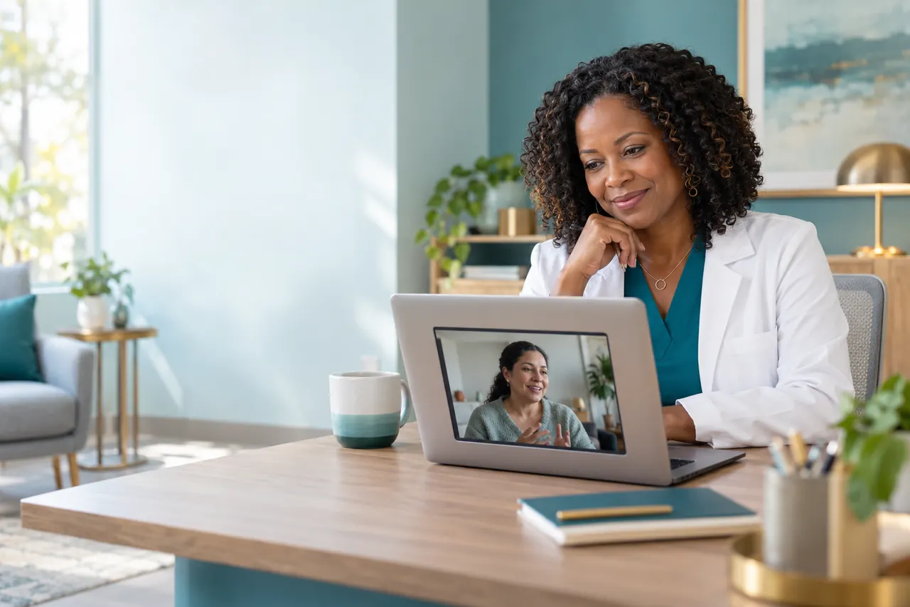 Nurse practitioner meeting with a patient through secure telehealth